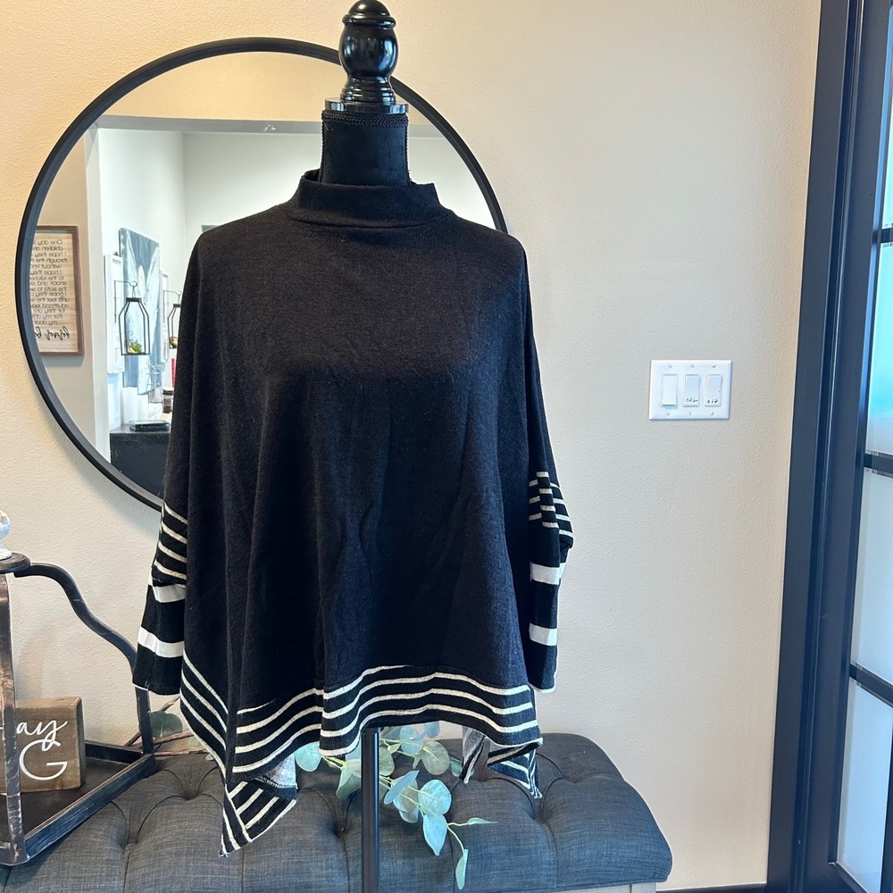 12PM by Mon Ami Women Black White Striped Mock Neck Poncho Knit Top Size M A3540
